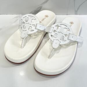 Tory Burch Miller White Leather Logo Cutout Thong Sandals Flip Flops Sz 40 / 9.5